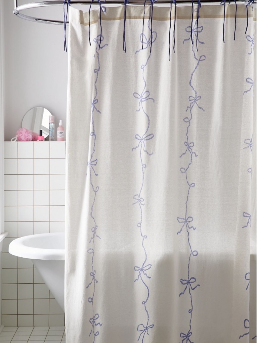 Urban Outfitters Printed Cotton White and Blue Bows Shower Curtain NEW NWT